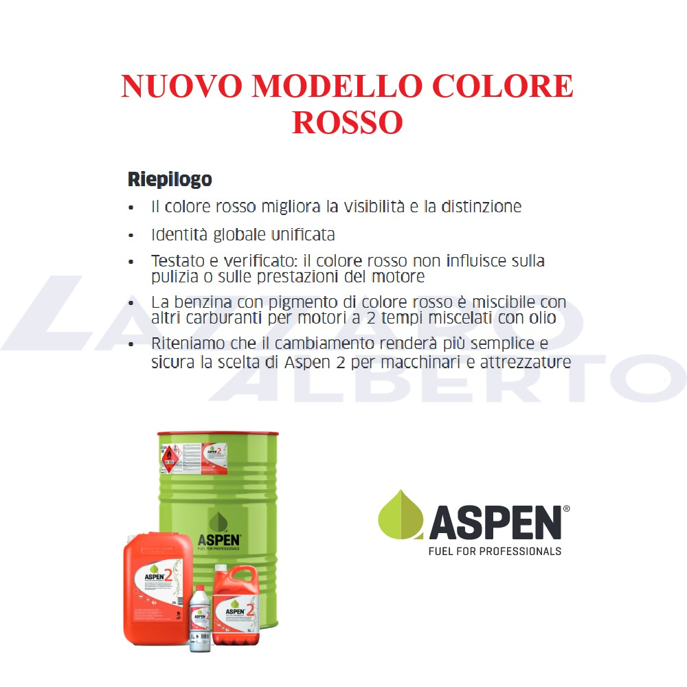 Miscela alchilata rossa Aspen 2T per motori 2 tempi - 5 Lt miscela già pronta
Ultimo modello con miscela rossa