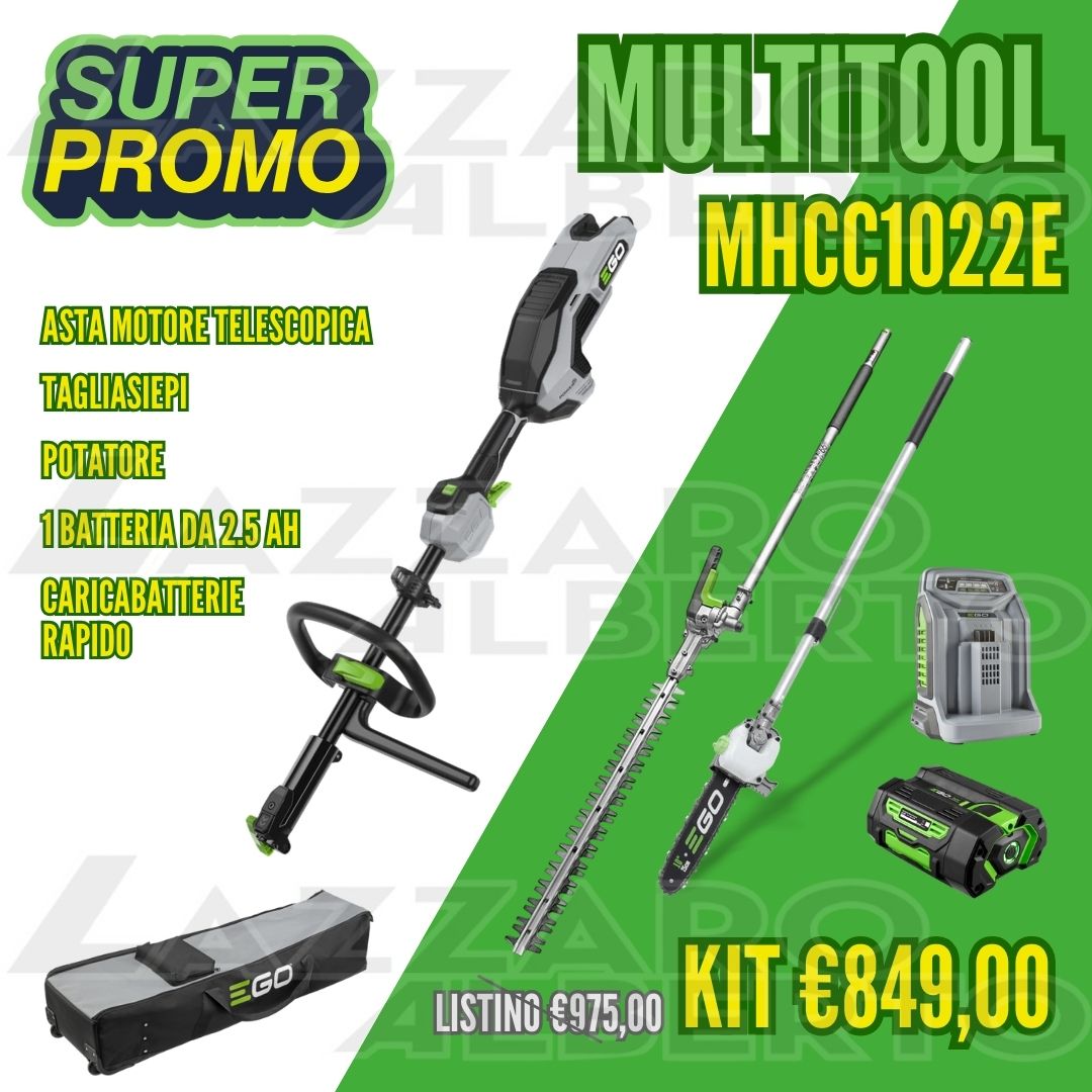 Promo kit Ego MHCC1022E con asta motore, tagliasiepi, potatore, una batteria da 2.5 Ah e caricacabatterie rapido
