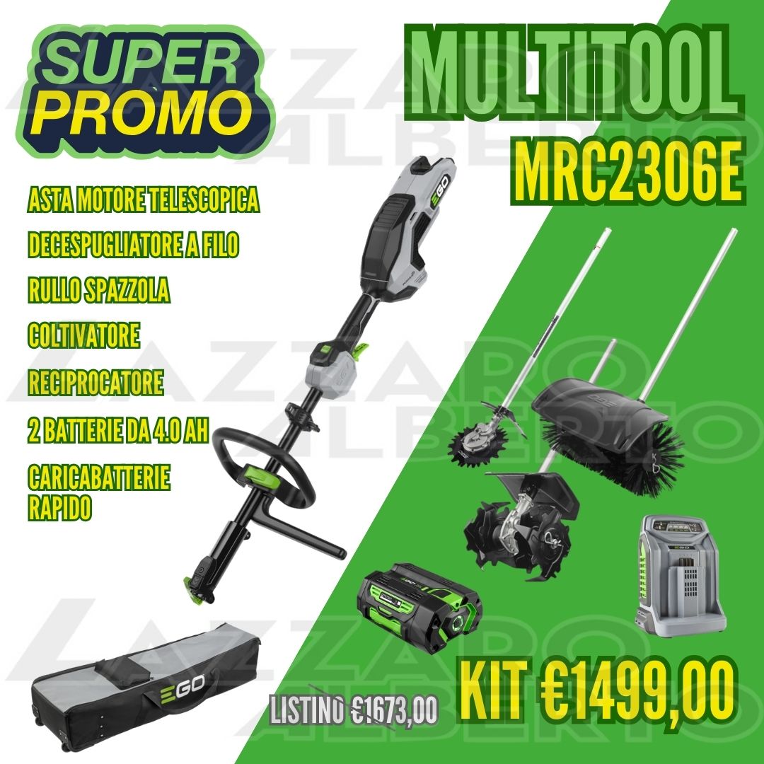 Promo kit multitool ego MRC2306E con rullo a spazzola, coltivatore reciprocatore e 2 batterie da 4.0 Ah, e un caricabatteria rapido