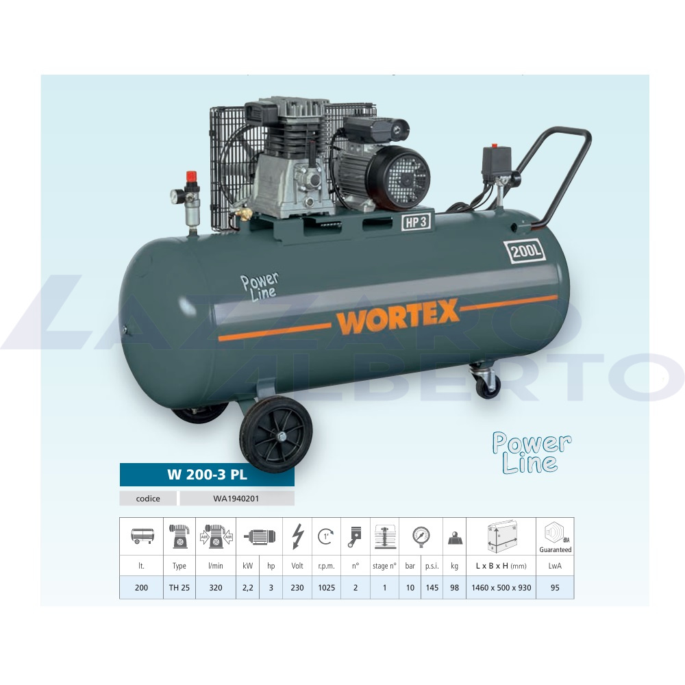 Compressore W 200-3 motore TH25 E1 Wortex 200 l 3 hp