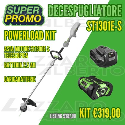 Kit decespugliatore EGO ST 1301 E-S con decespugliatore st 1300 e-s, batteria da 2,5 ah e caricabatteria standard