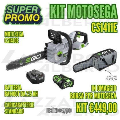 Kit motosega Ego CS1411E 56V 35 cm con batteria 2.5 Ah, caricabatterie standard e borsa per motosega in omaggio