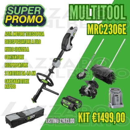 Promo kit multitool ego MRC2306E con rullo a spazzola, coltivatore reciprocatore e 2 batterie da 4.0 Ah, e un caricabatteria rapido