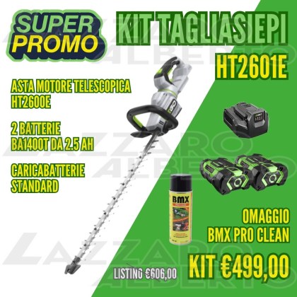Kit tagliasiepi HT2601E con tagliasiepi lunghezza lame 66, due batterie 2.5 Ah, un caricabatteria standard e pulitore sgrassante spray omaggio
